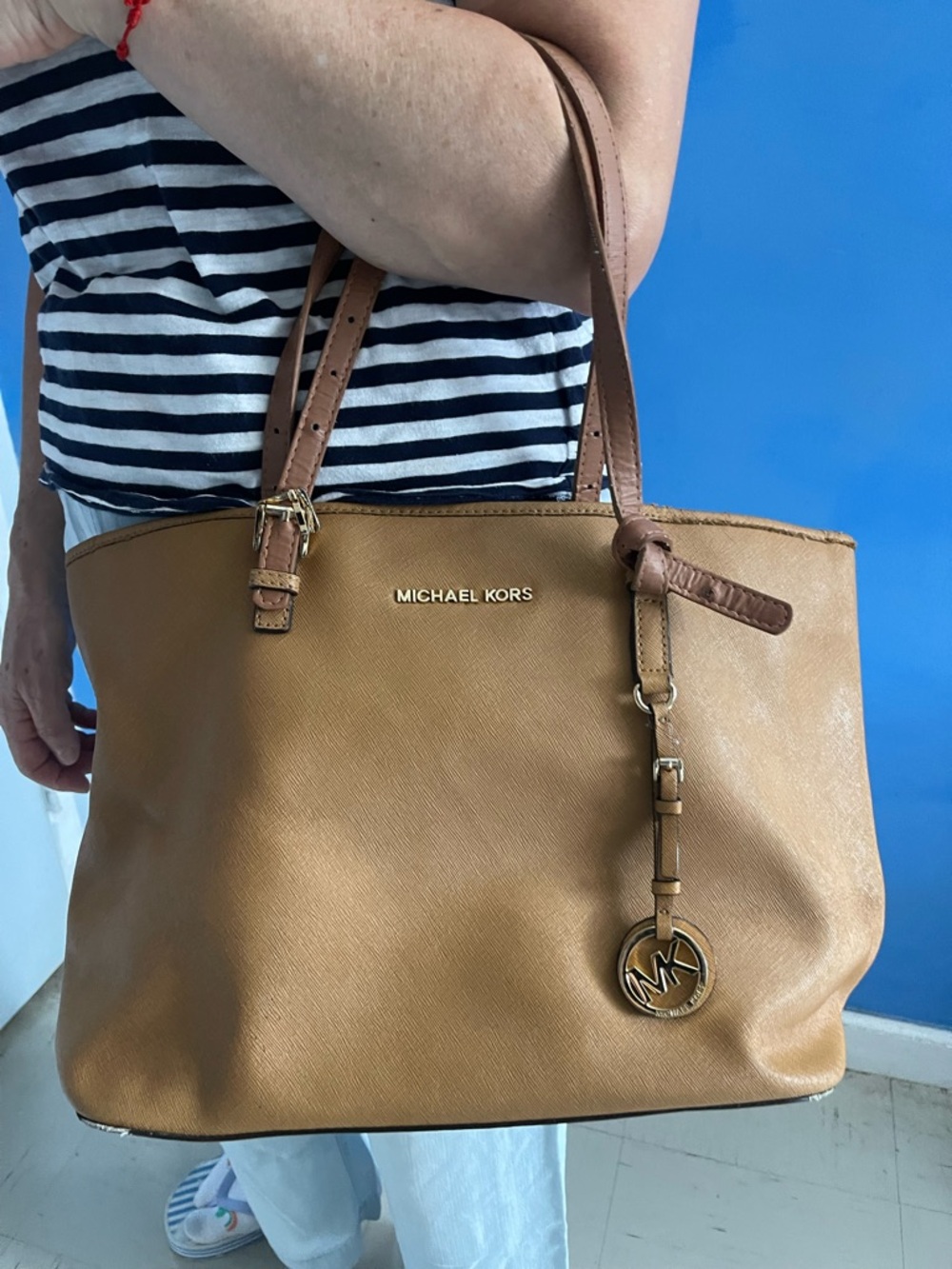 Michael Kors Brown/Tan Saffiano Leather Tote with MK Charm